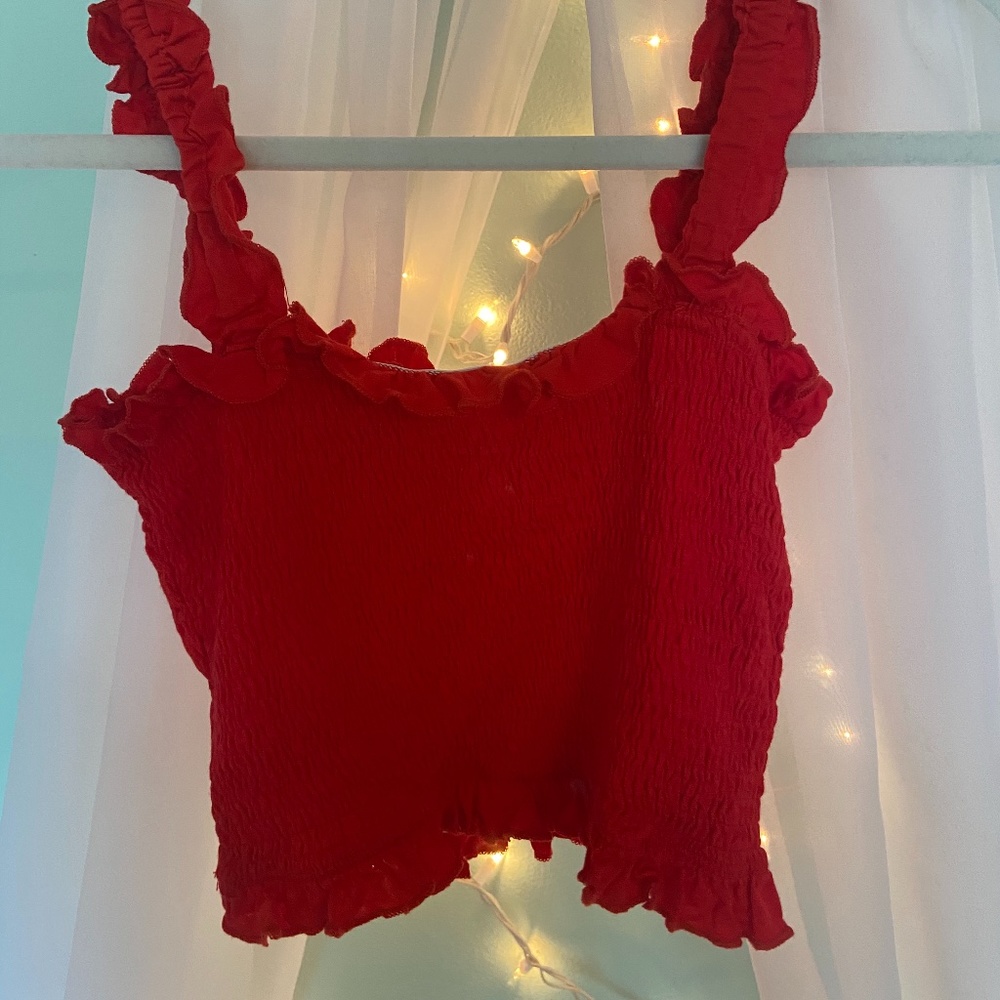 KAMISSY Women’s Frill Smocked Crop Tank Top Tie Shoulder Strap